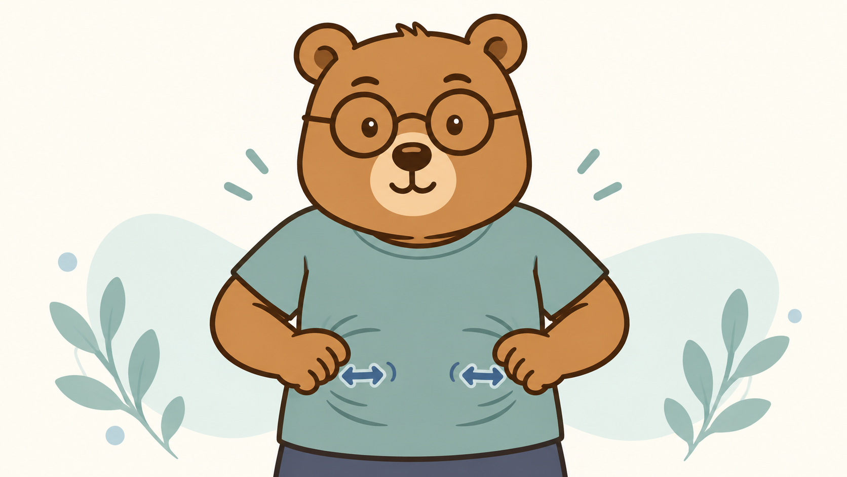 猫の手のように指を丸め、お腹の筋肉を左右へ動かすクマ先生のイラスト