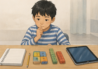 子供がノートと学習用具とタブレットを使い分ける場面