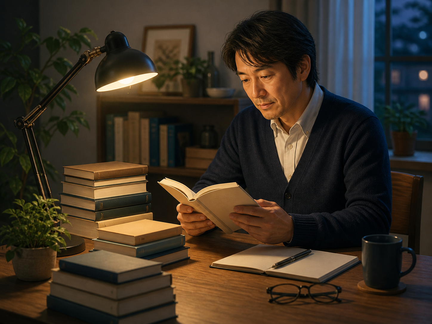 夜の書斎で本を読む教師