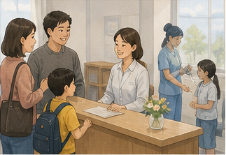 新入生と保護者を学校で迎えるイメージ