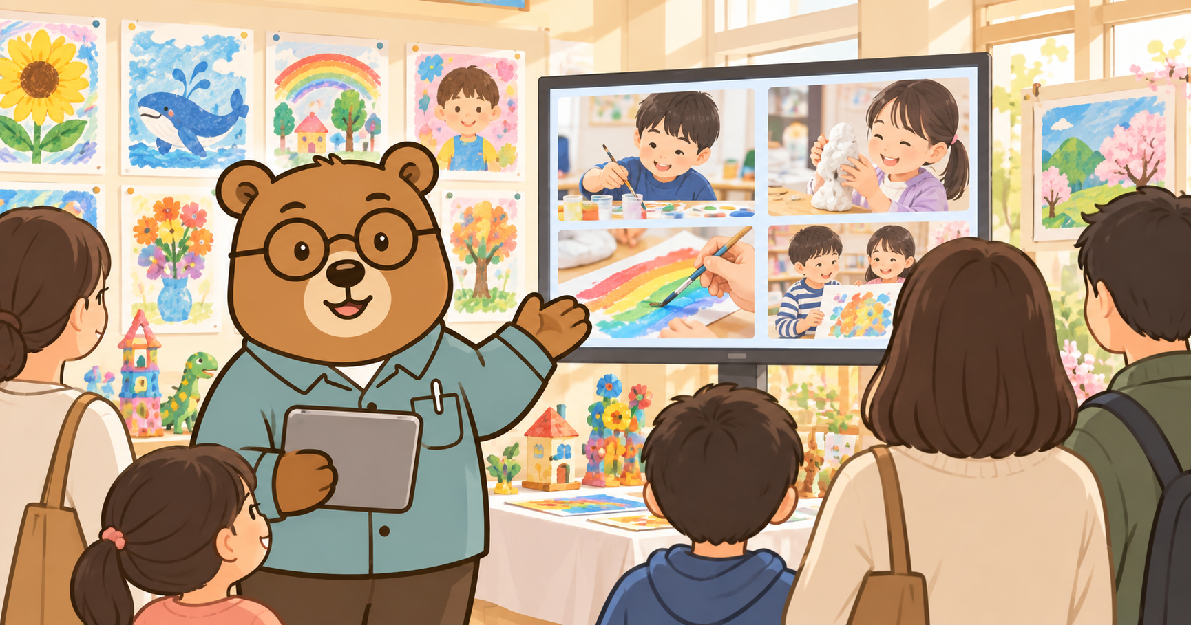 展覧会会場でクマ先生が子供たちの制作過程をスライドショーで保護者へ紹介する様子