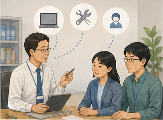 ICT担当者が支援員や先生と役割を相談する場面