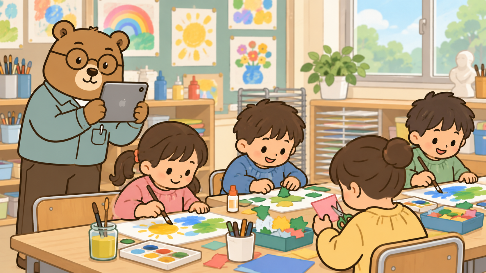子供たちの活動を邪魔せず、クマ先生がタブレットで自然な様子を撮影しているイメージ